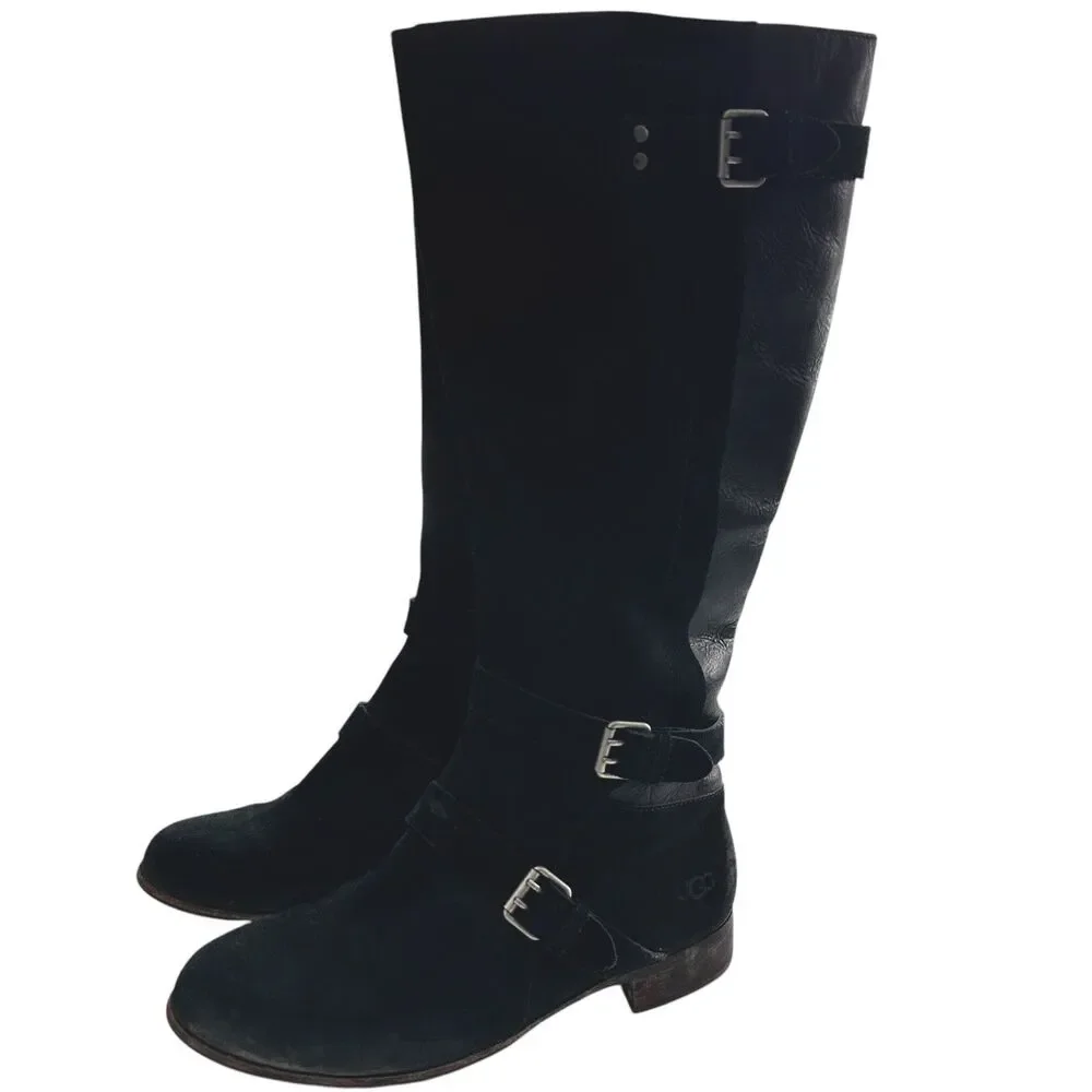 Ugg Cyndee knee high boots 9.5 Black Leather Buckle Sheepskin Shearling
